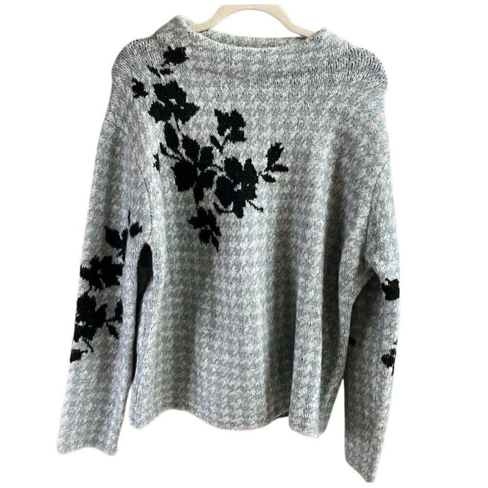 OLIVER O Ladies Houndtooth Floral Crew Neck Sweater Large Blue Gray and Black